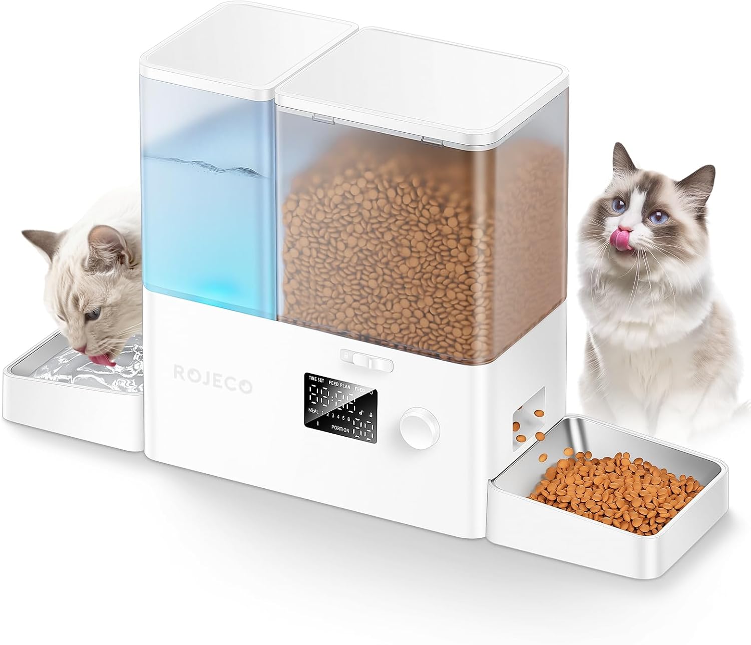ROJECO Automatic Cat Feeder & Water Dispenser, Button Customizable Feeding