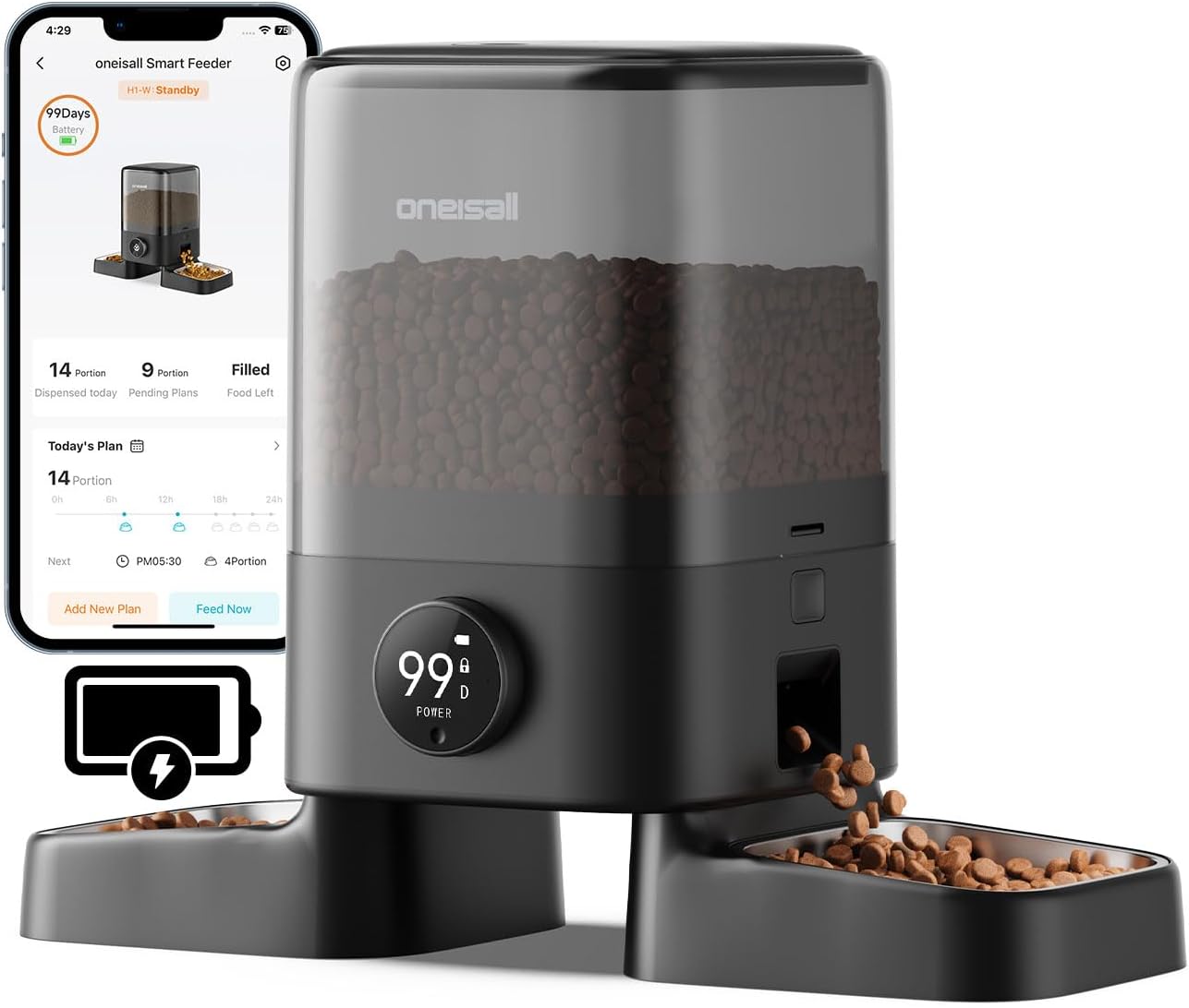 oneisall 2.4G Cordless Automatic Cat Feeder, 20 Cups/5L | 100-Day Rechargeable...