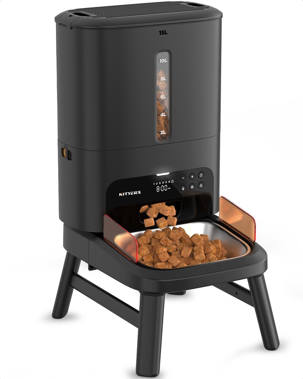 Automatic Dog Feeder for Large Breed, 15L Anti-Clog Dog Food Dispenser with Elevated Stand and Dual Power