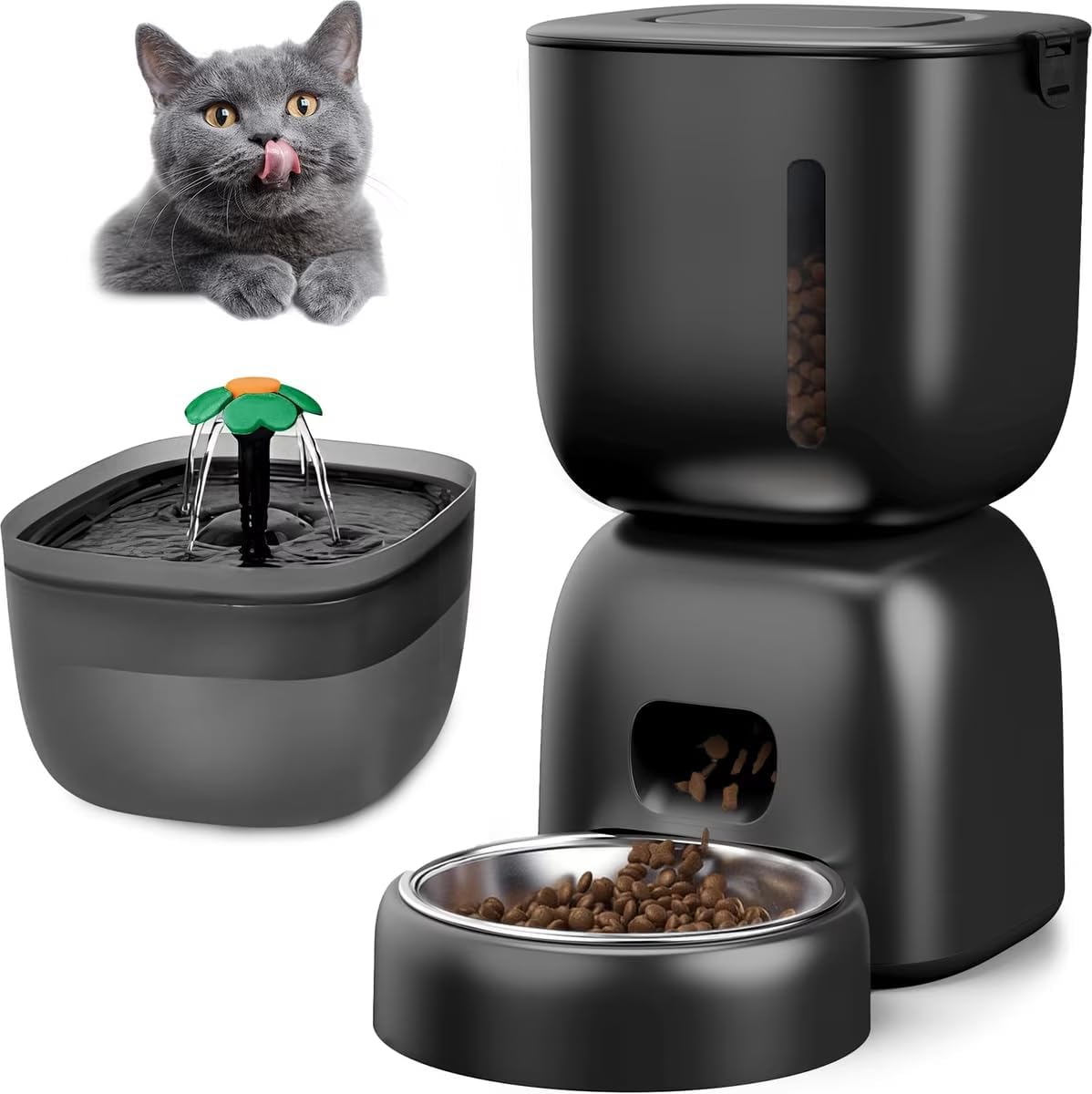 Casfuy 2-in-1 Automatic Cat Feeder &amp; Water Fountain Set, Black, 3-L &amp; 2-L