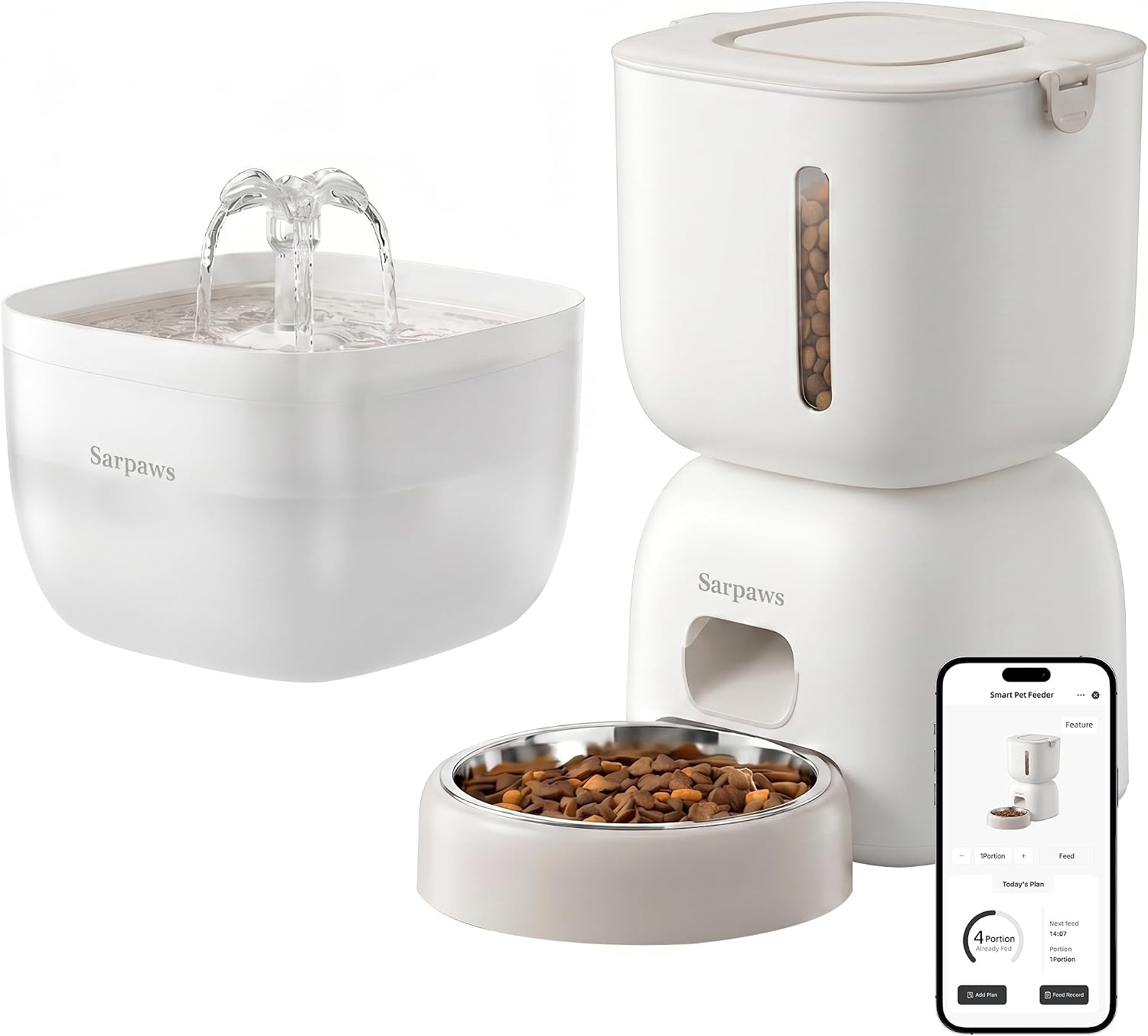 SARPAWS WiFi Automatic Cat Feeder and Water Fountain Set, App Control Smart Pet Food Dispenser with 304 Stainless Steel Bowl, 3L Feeder &amp; 2L Quiet Waterer, 10s Voice Recorder, Dual Power, Secure Lock